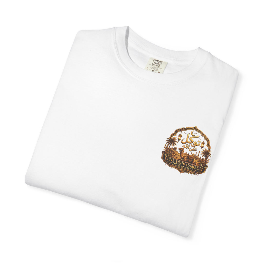 Qadr Desert Scene T-Shirt — Arabic Calligraphy & Camel Graphic