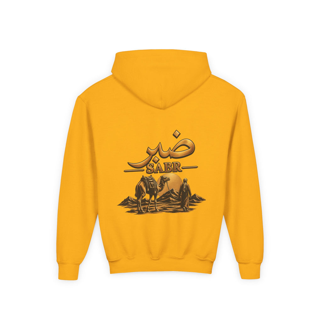Youth Hoodie — 'Sabr' Desert Camel Graphic Sweatshirt (Arabic Patience Design)