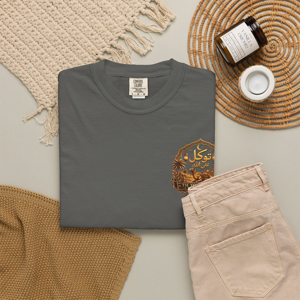 Qadr Desert Scene T-Shirt — Arabic Calligraphy & Camel Graphic