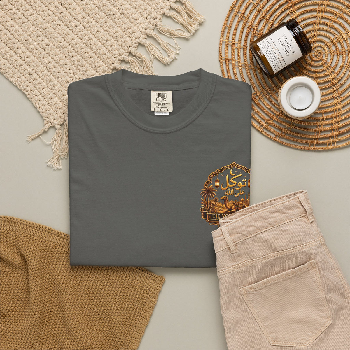 Qadr Desert Scene T-Shirt — Arabic Calligraphy & Camel Graphic