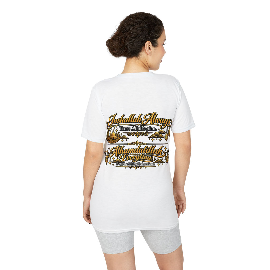 Islamic Prayer T-Shirt – "Inshallah Always, Alhamdulillah Everytime" Chest & Back Design