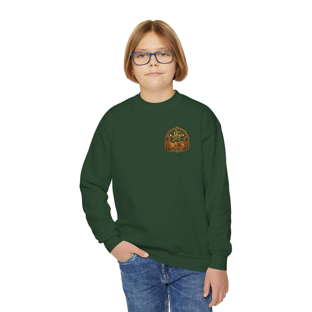 Youth Crewneck Sweatshirt — Arabic Calligraphy Gold Crest Graphic