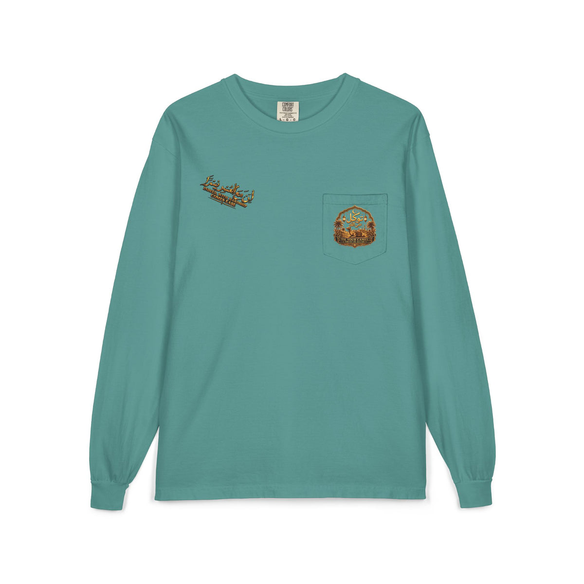 Tawakūl Pocket Long Sleeve Tee — Vintage Script & Crest Chest Pocket Design