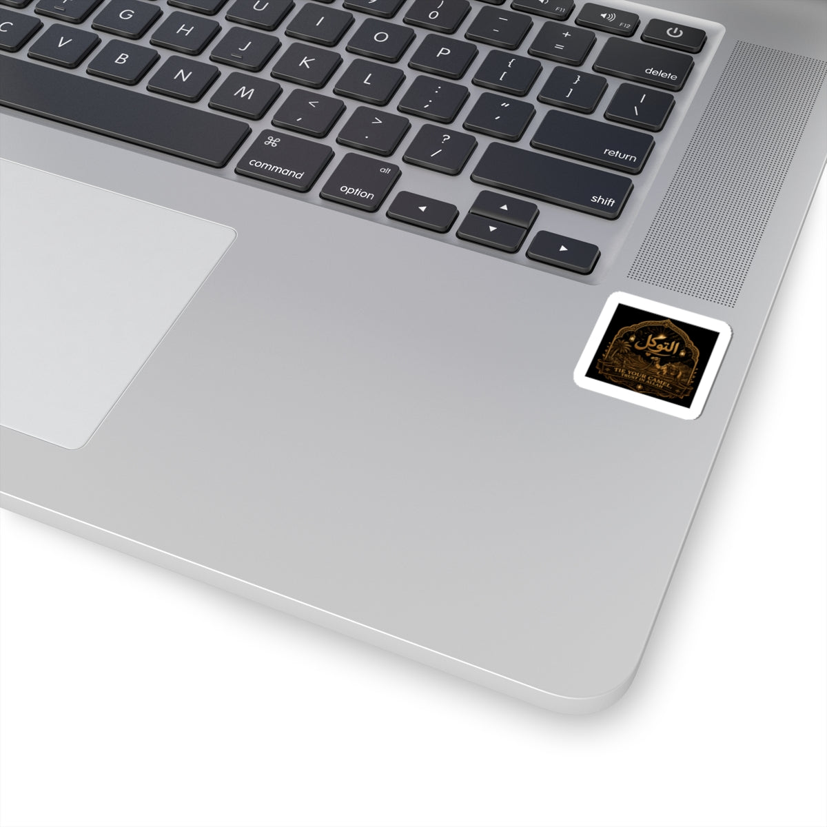 Islamic Calligraphy Kiss-Cut Sticker — Arabic Tawakkul (Trust in God) Gold on Black