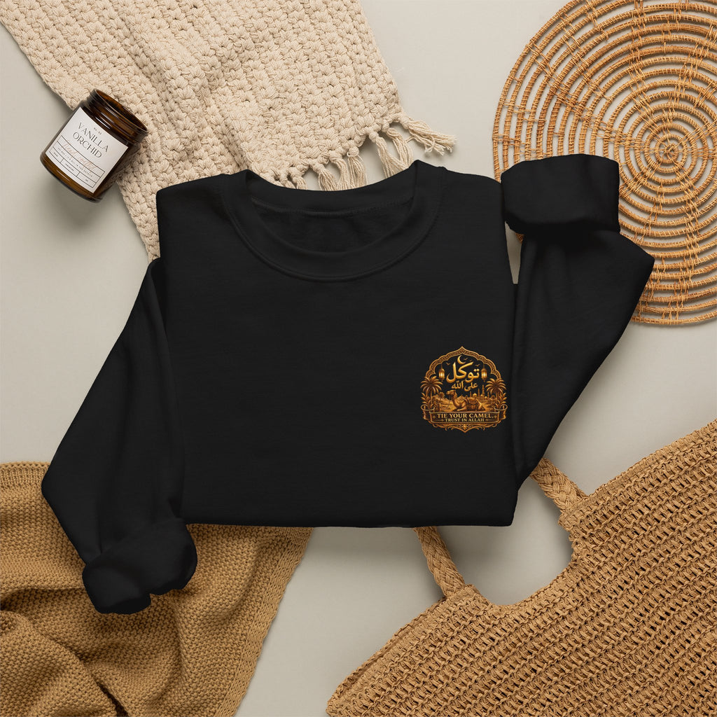 Crewneck Sweatshirt with Mountain Cabin Patch – Cozy Outdoorsy Travel Crew