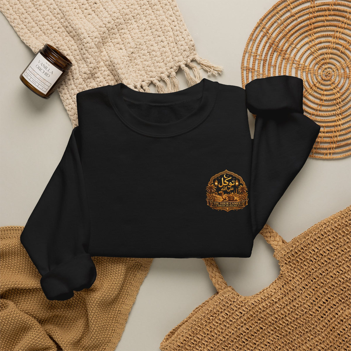 Crewneck Sweatshirt with Mountain Cabin Patch – Cozy Outdoorsy Travel Crew