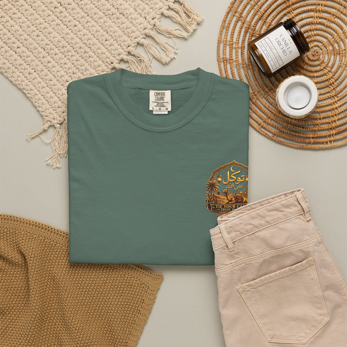 Qadr Desert Scene T-Shirt — Arabic Calligraphy & Camel Graphic