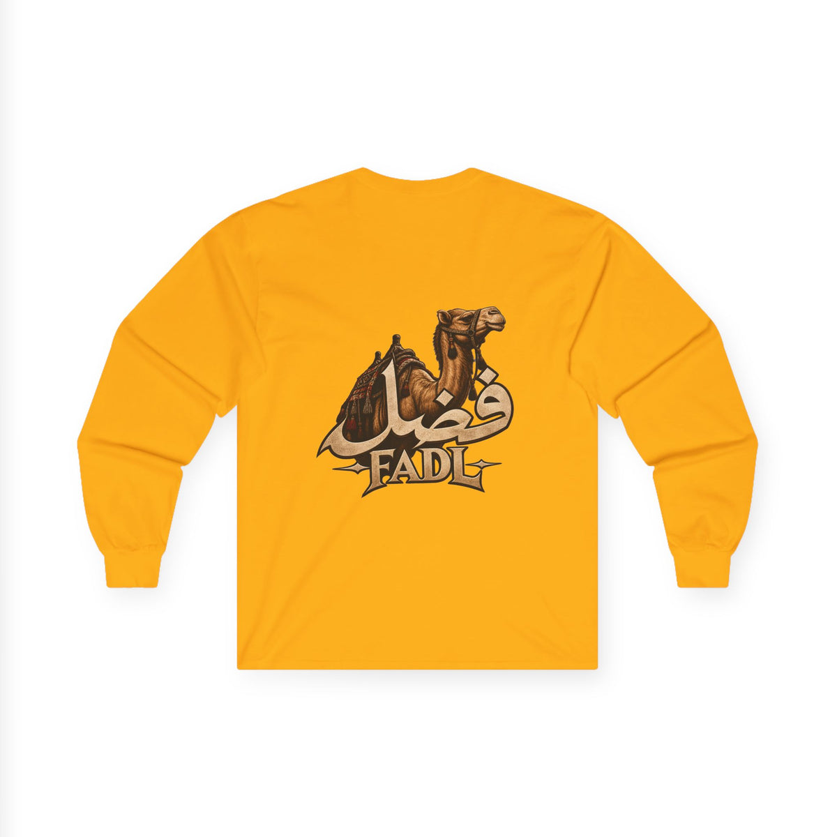 Camel Graphic Long Sleeve Tee — "Fadl" Arabic Script Design