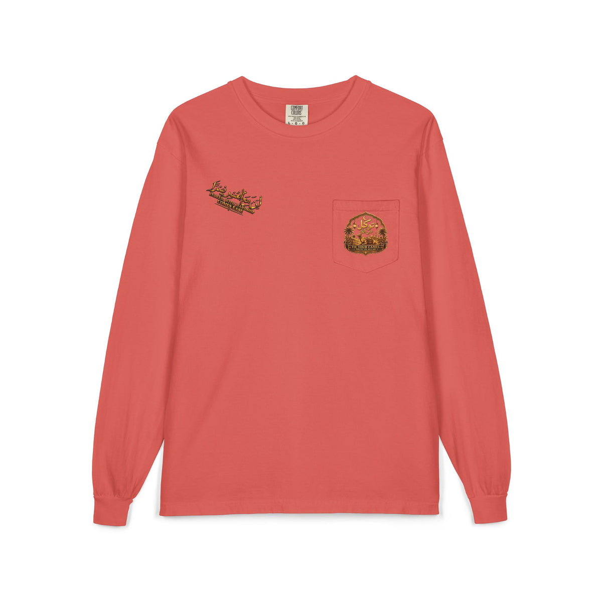 Tawakūl Pocket Long Sleeve Tee — Vintage Script & Crest Chest Pocket Design