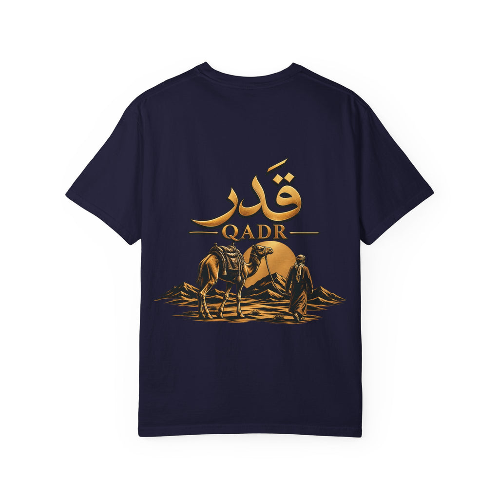 Qadr Desert Scene T-Shirt — Arabic Calligraphy & Camel Graphic