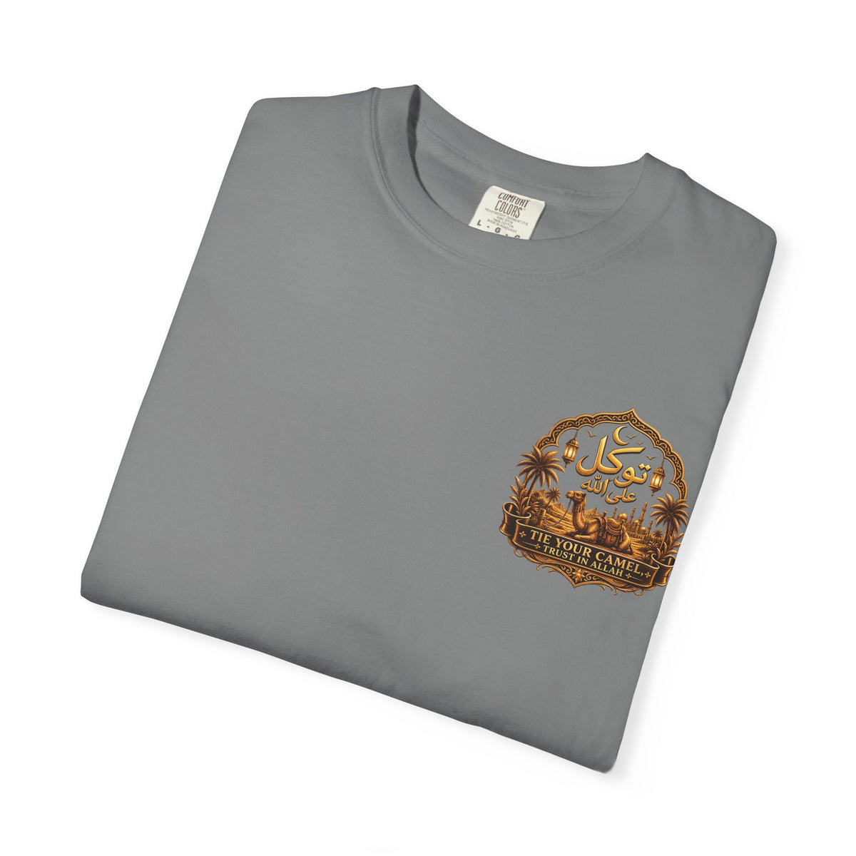 Qadr Desert Scene T-Shirt — Arabic Calligraphy & Camel Graphic