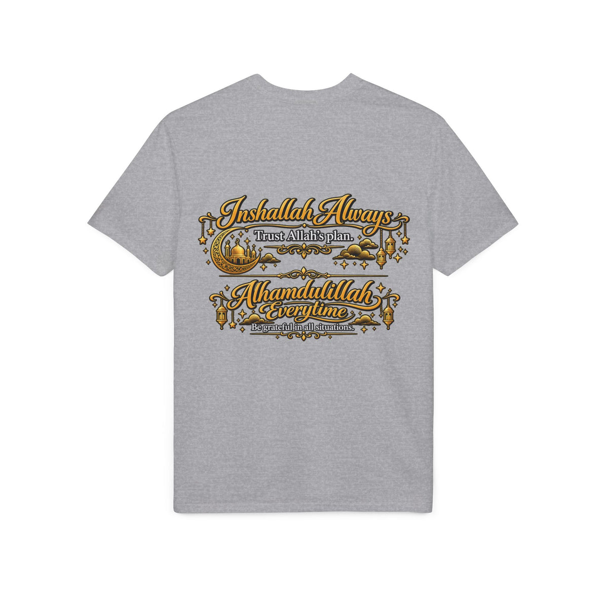Islamic Prayer T-Shirt – "Inshallah Always, Alhamdulillah Everytime" Chest & Back Design