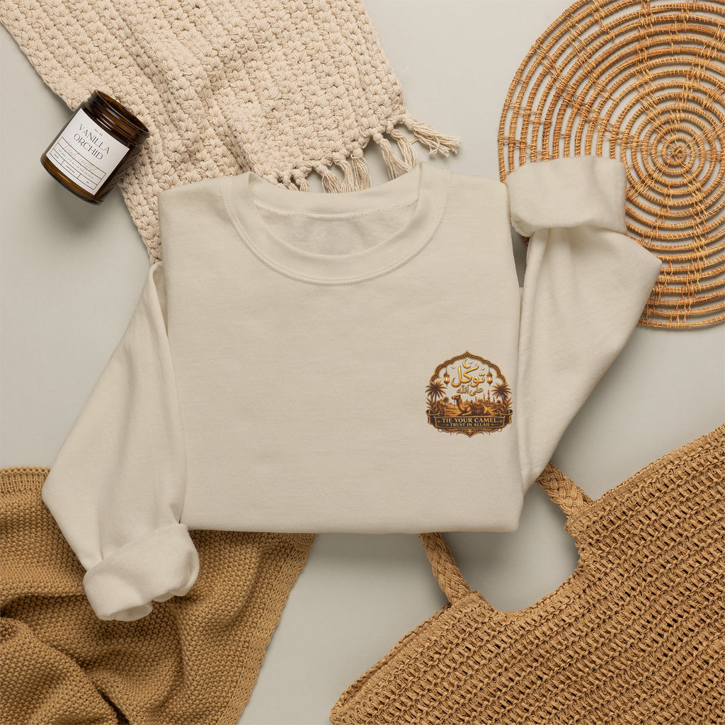 Crewneck Sweatshirt with Mountain Cabin Patch – Cozy Outdoorsy Travel Crew