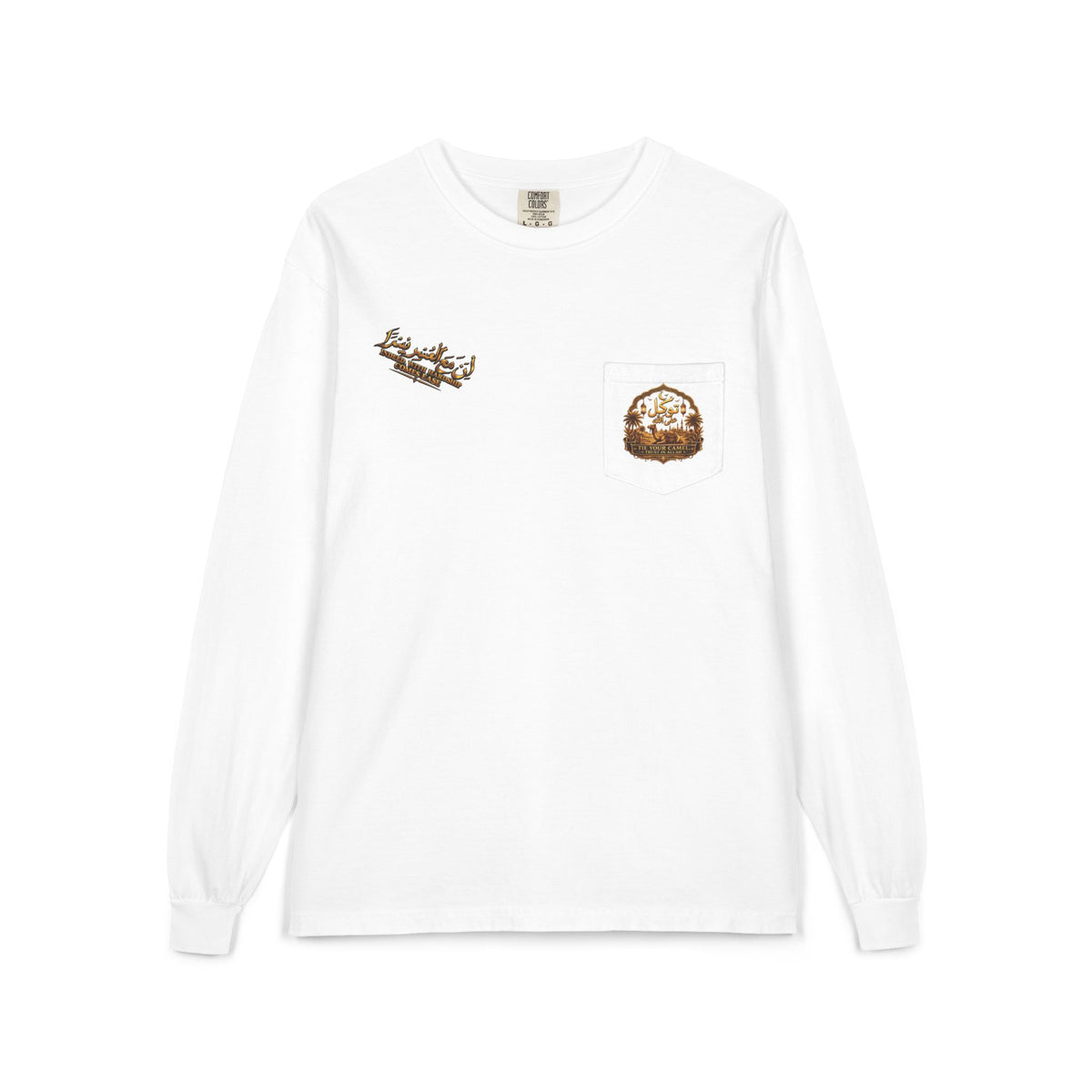 Tawakūl Pocket Long Sleeve Tee — Vintage Script & Crest Chest Pocket Design
