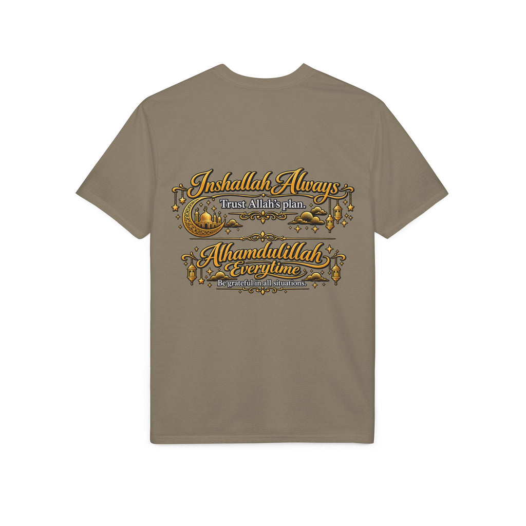 Islamic Prayer T-Shirt – "Inshallah Always, Alhamdulillah Everytime" Chest & Back Design