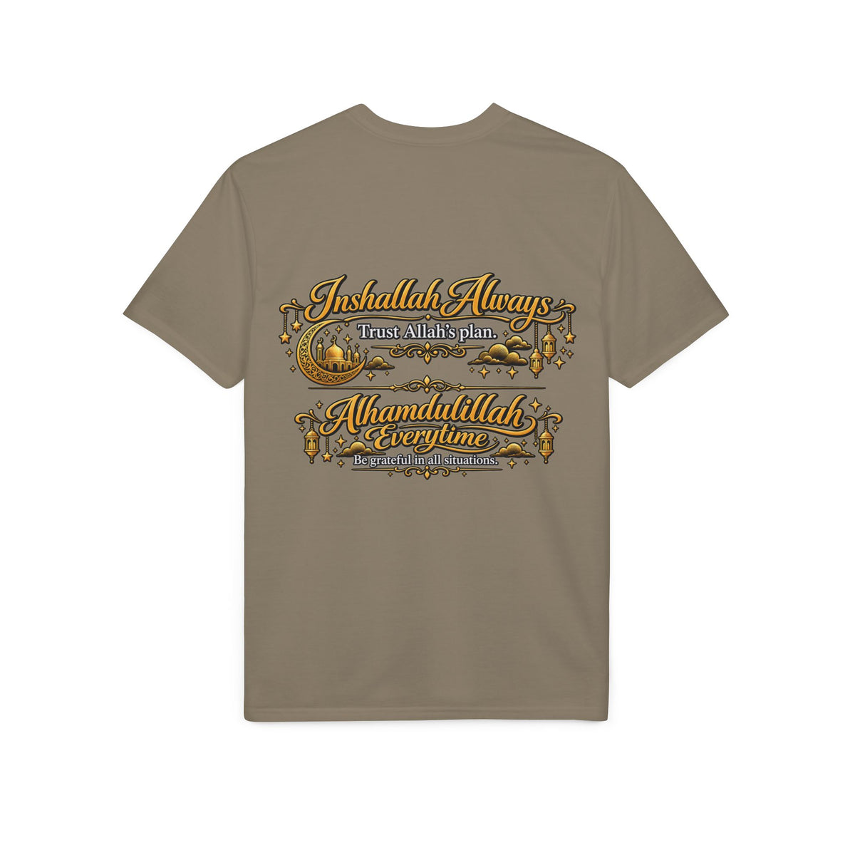 Islamic Prayer T-Shirt – "Inshallah Always, Alhamdulillah Everytime" Chest & Back Design