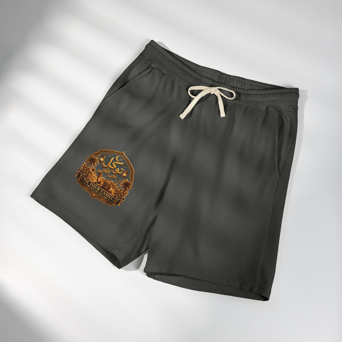 Embroidered Arabic Calligraphy Sweat Shorts — Lightweight Garment-Dyed Fleece