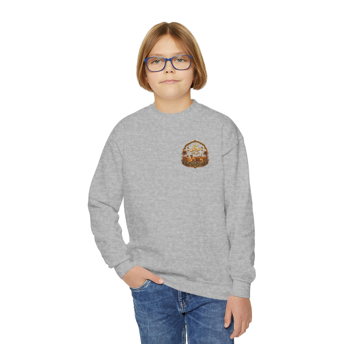 Youth Crewneck Sweatshirt — Arabic Calligraphy Gold Crest Graphic