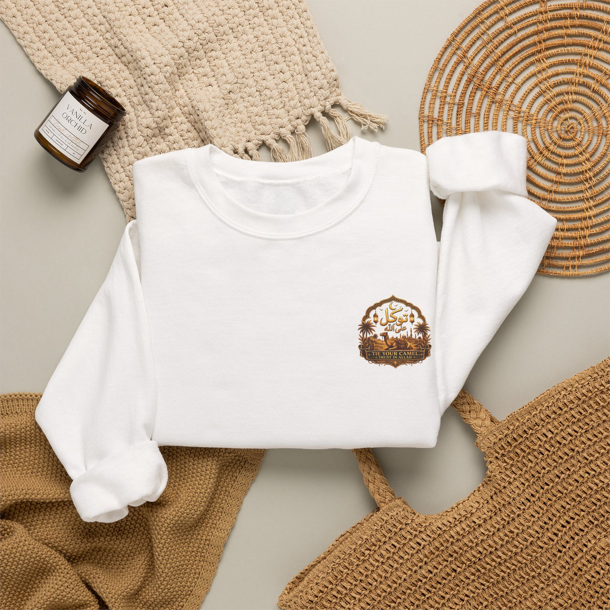 Crewneck Sweatshirt with Mountain Cabin Patch – Cozy Outdoorsy Travel Crew