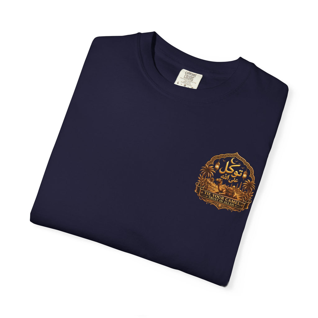 Qadr Desert Scene T-Shirt — Arabic Calligraphy & Camel Graphic