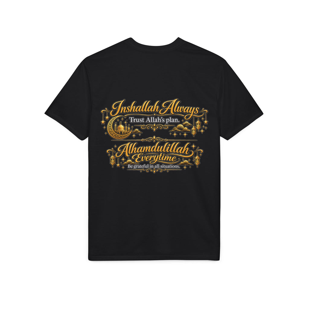 Islamic Prayer T-Shirt – "Inshallah Always, Alhamdulillah Everytime" Chest & Back Design