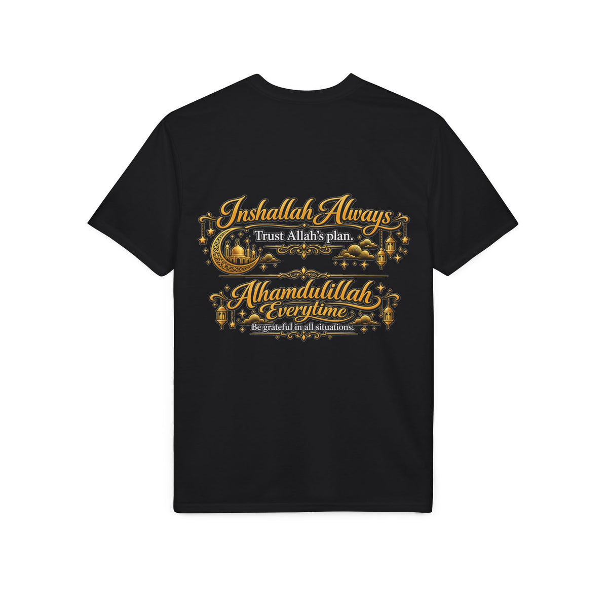 Islamic Prayer T-Shirt – "Inshallah Always, Alhamdulillah Everytime" Chest & Back Design