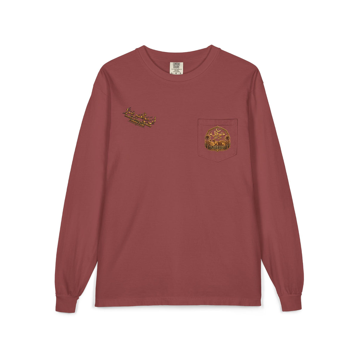 Tawakūl Pocket Long Sleeve Tee — Vintage Script & Crest Chest Pocket Design