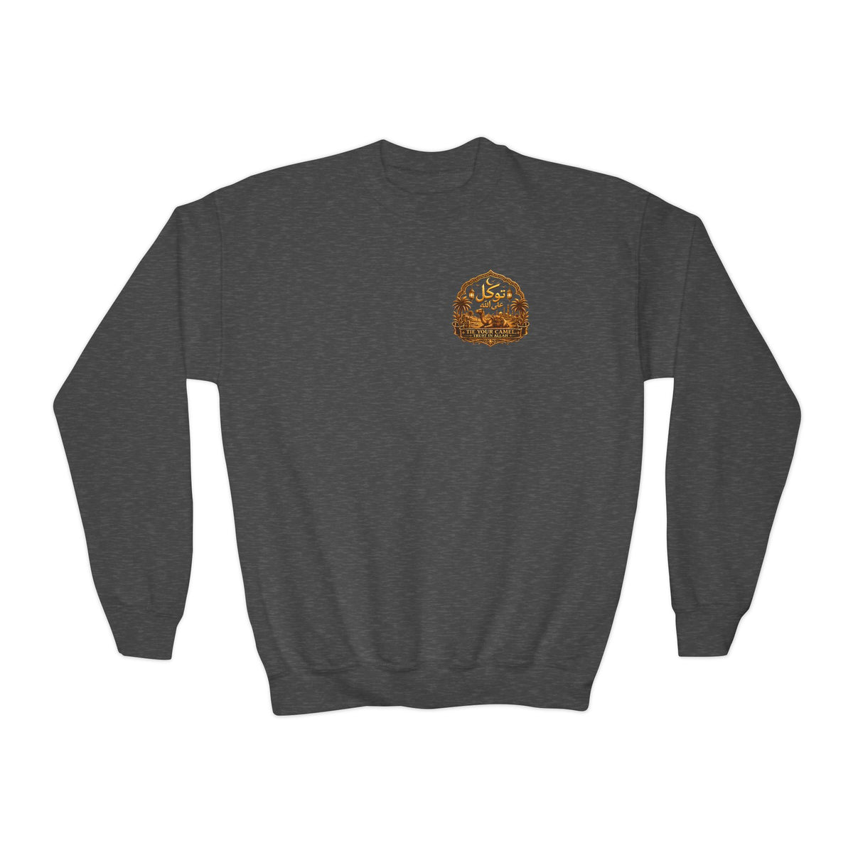Youth Crewneck Sweatshirt — Arabic Calligraphy Gold Crest Graphic