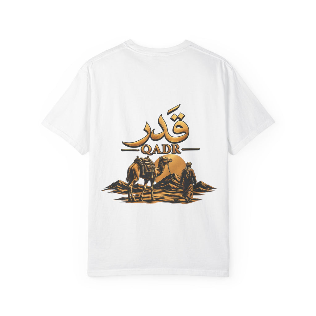 Qadr Desert Scene T-Shirt — Arabic Calligraphy & Camel Graphic