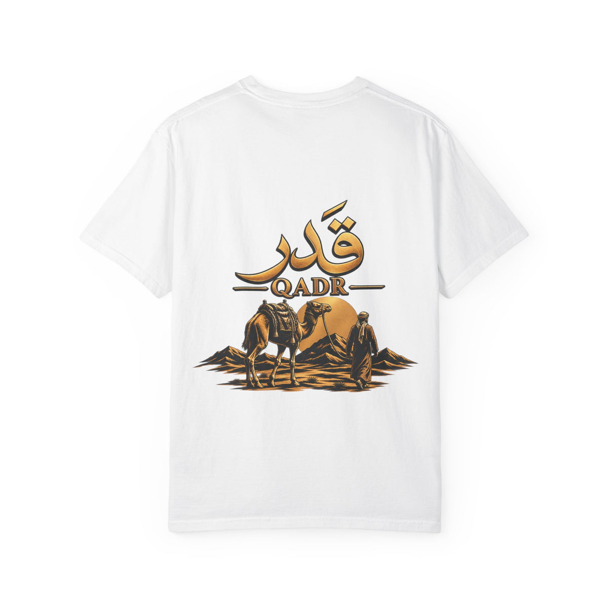 Qadr Desert Scene T-Shirt — Arabic Calligraphy & Camel Graphic