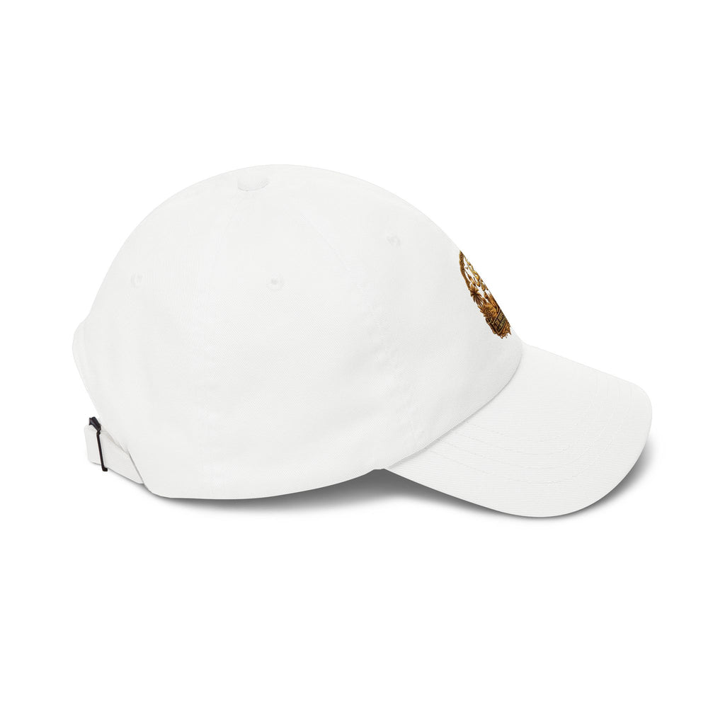 Embroidered Golden Crest Dad Cap — Classic White Baseball Hat
