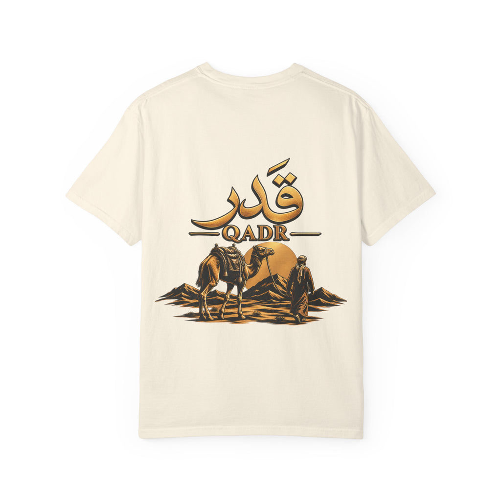 Qadr Desert Scene T-Shirt — Arabic Calligraphy & Camel Graphic