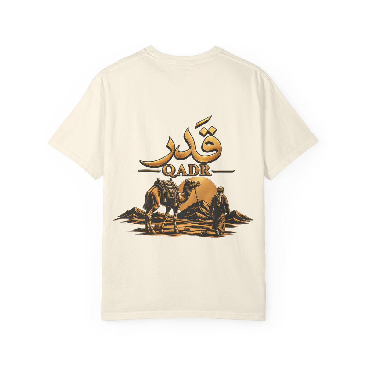 Qadr Desert Scene T-Shirt — Arabic Calligraphy & Camel Graphic