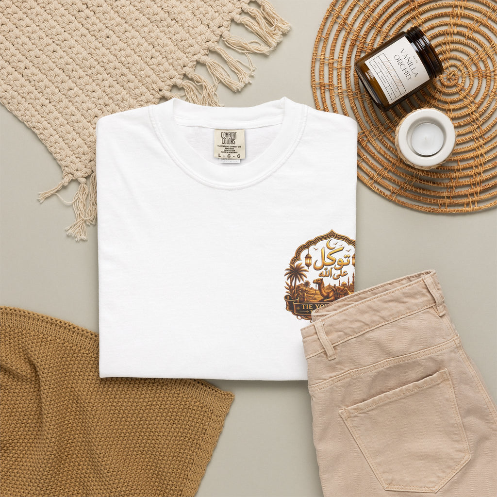 Qadr Desert Scene T-Shirt — Arabic Calligraphy & Camel Graphic