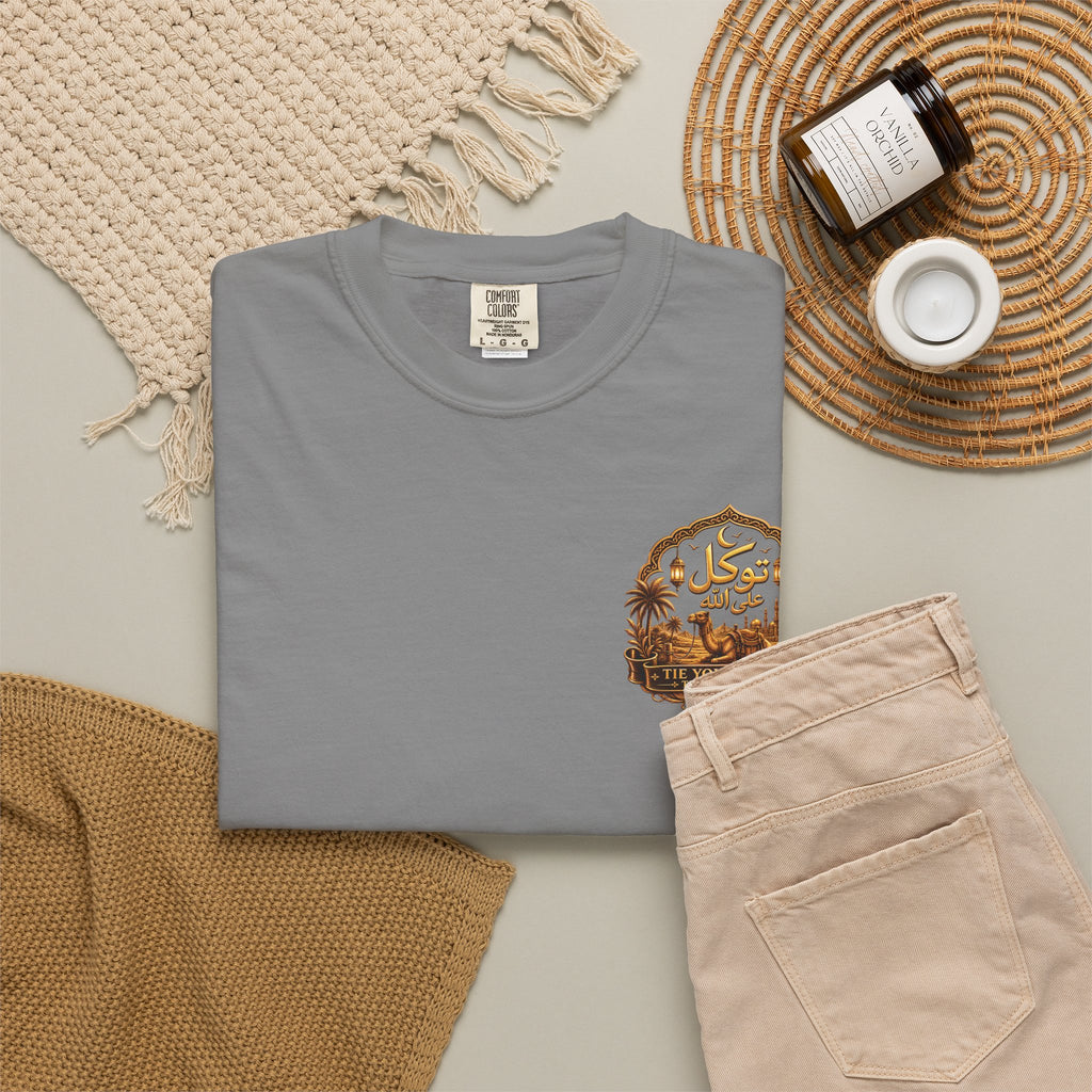 Qadr Desert Scene T-Shirt — Arabic Calligraphy & Camel Graphic