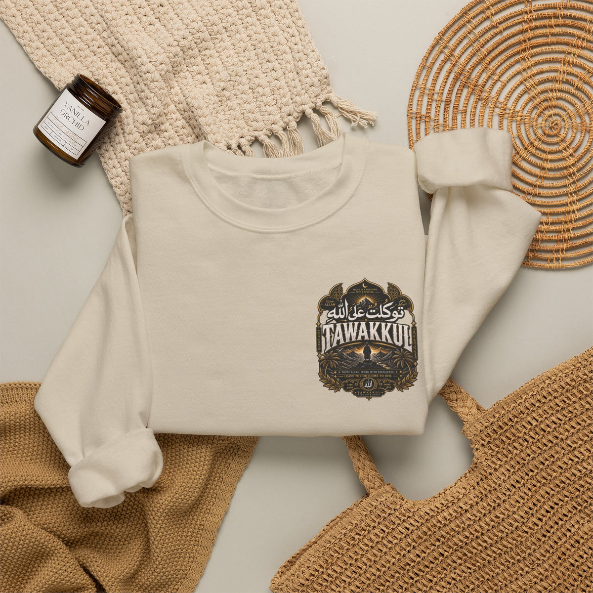 Arabic Desert Crewneck Sweatshirt – 'Tawakkul' Faith & 'Sabr' Patience Design