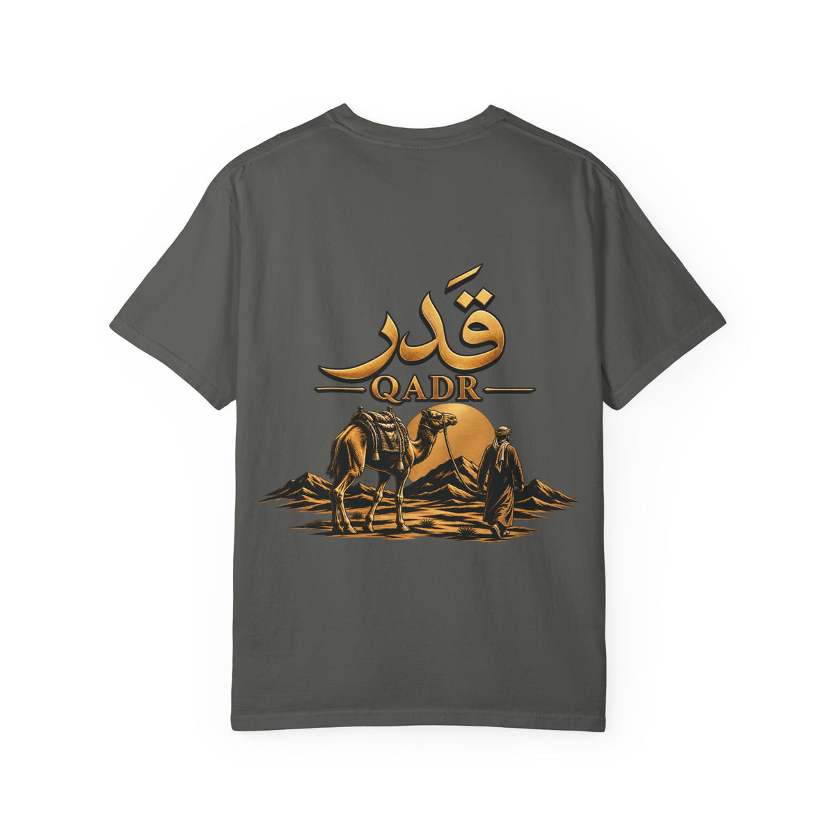 Qadr Desert Scene T-Shirt — Arabic Calligraphy & Camel Graphic