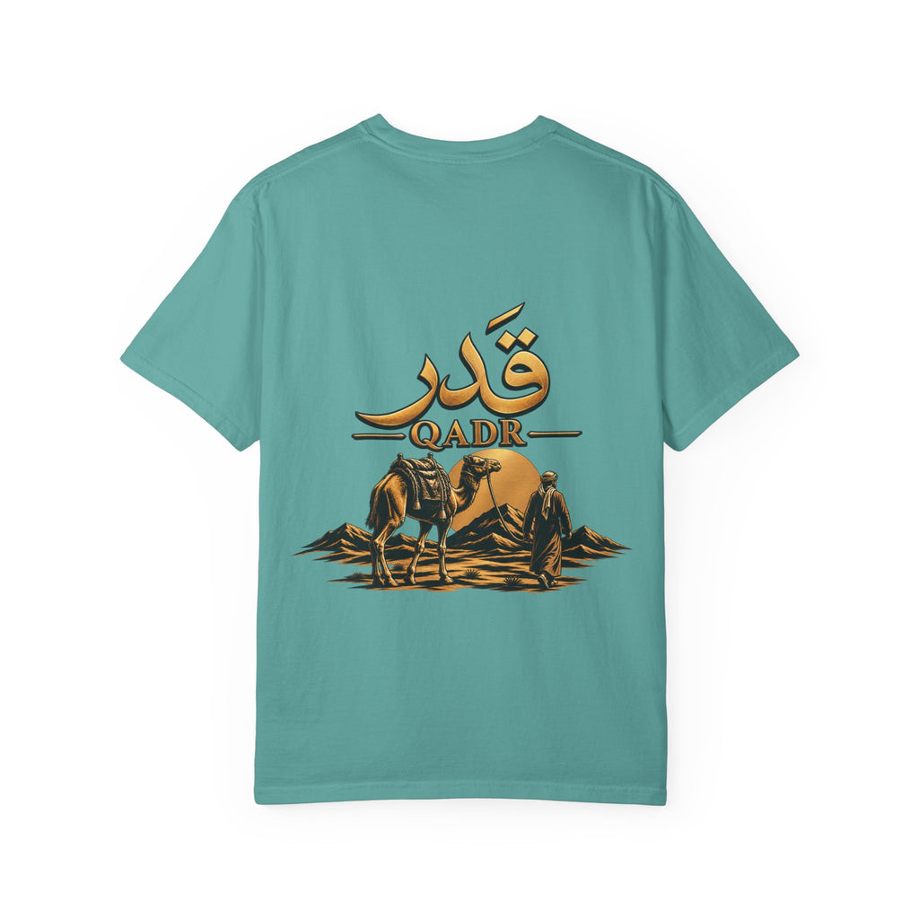 Qadr Desert Scene T-Shirt — Arabic Calligraphy & Camel Graphic