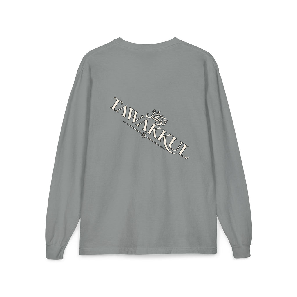 Tawakūl Pocket Long Sleeve Tee — Vintage Script & Crest Chest Pocket Design