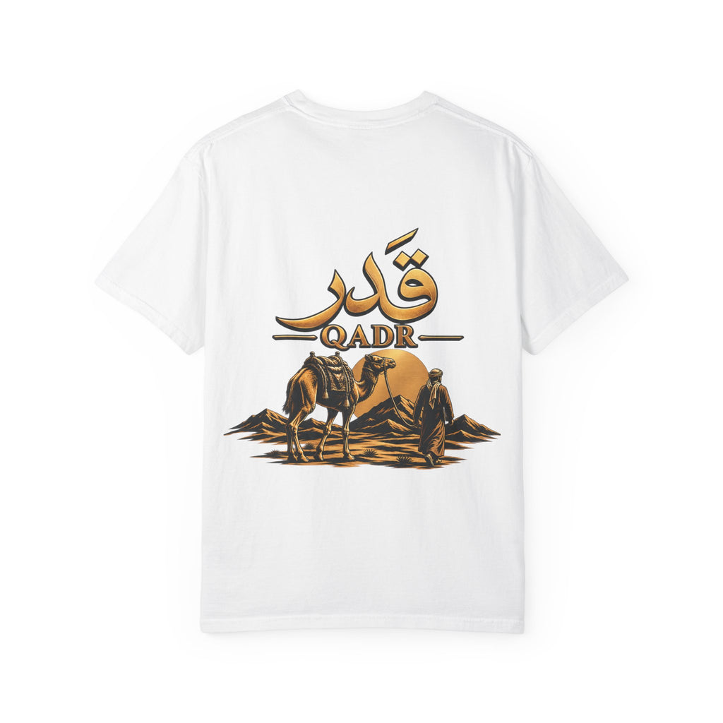 Qadr Desert Scene T-Shirt — Arabic Calligraphy & Camel Graphic