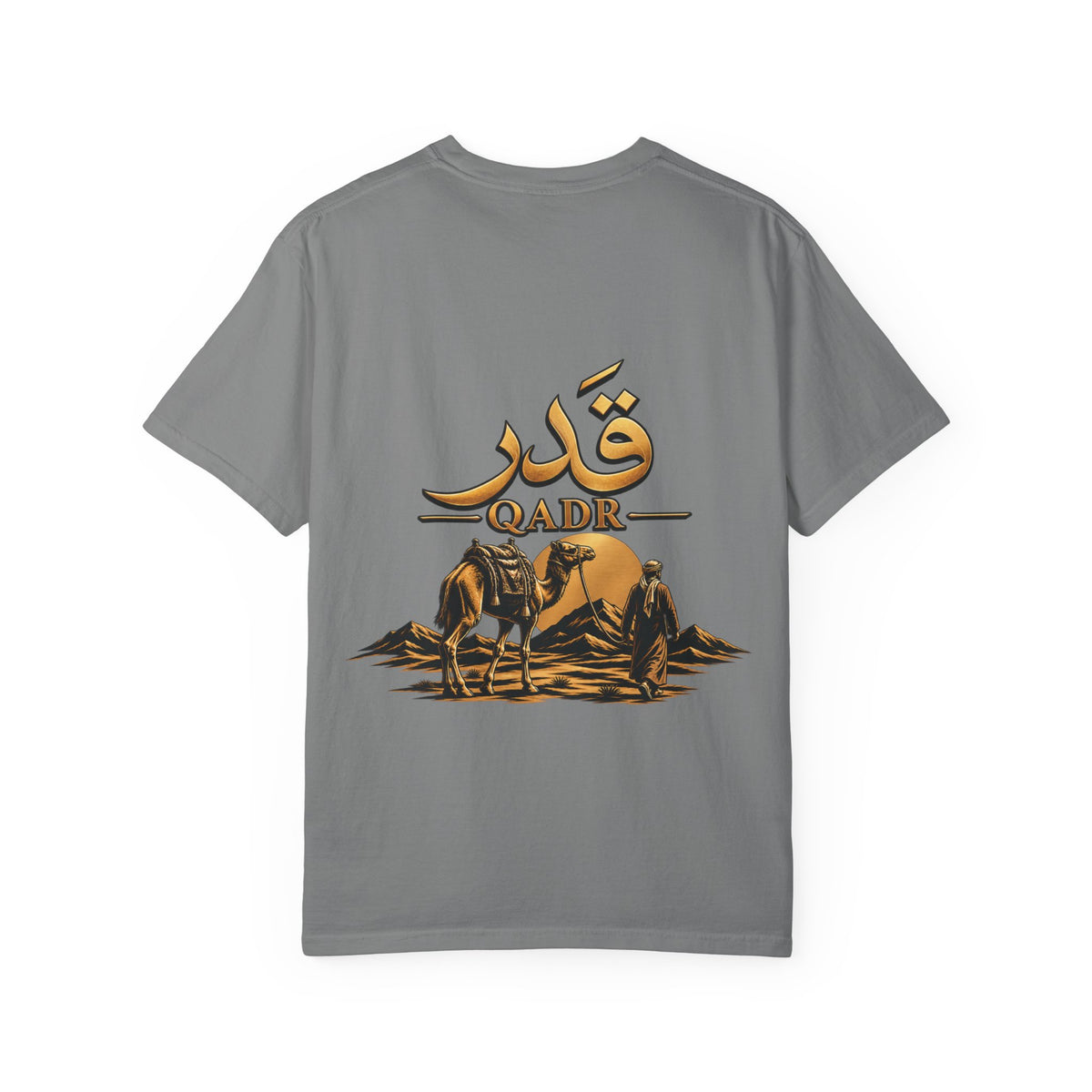 Qadr Desert Scene T-Shirt — Arabic Calligraphy & Camel Graphic
