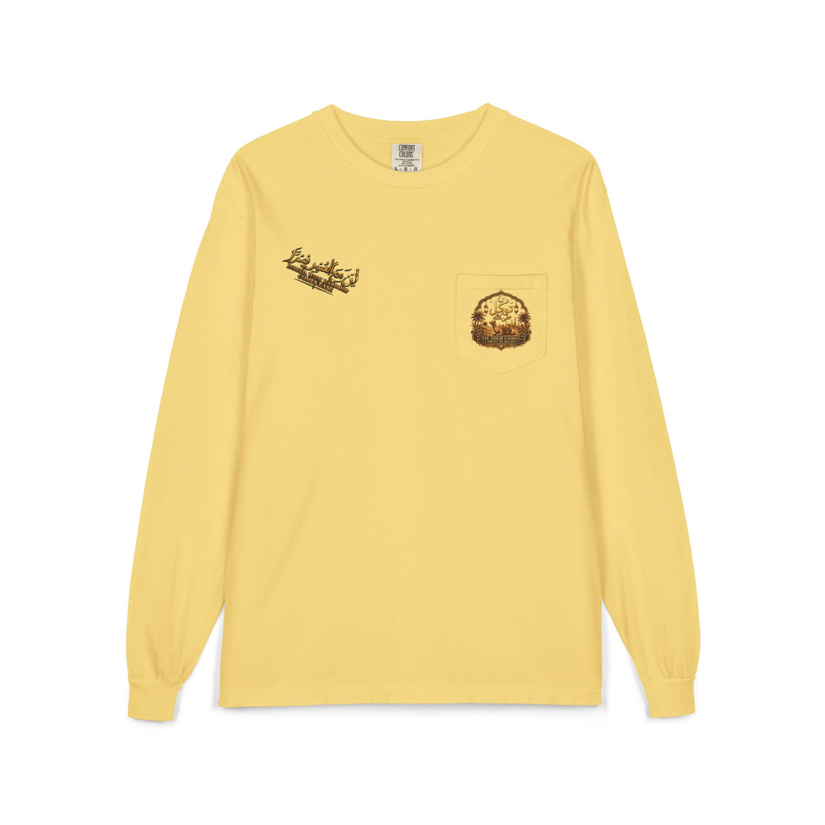 Tawakūl Pocket Long Sleeve Tee — Vintage Script & Crest Chest Pocket Design