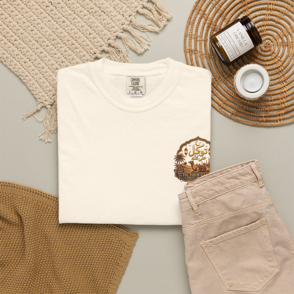 Qadr Desert Scene T-Shirt — Arabic Calligraphy & Camel Graphic