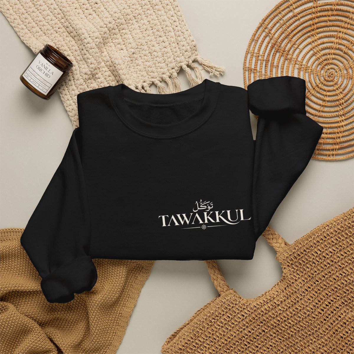 Black Crewneck Sweatshirt with Small 'Tihankel' Retro Patch — Vintage Mountain Logo Pullover