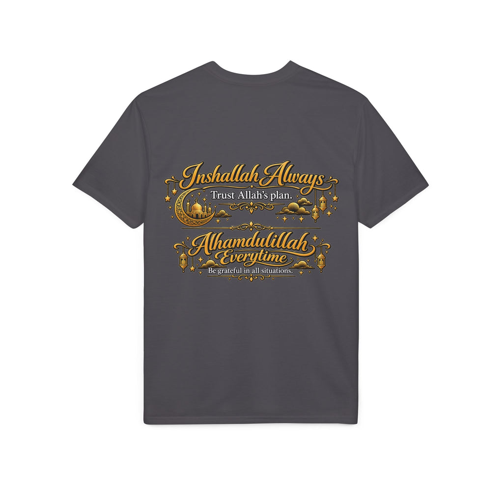 Islamic Prayer T-Shirt – "Inshallah Always, Alhamdulillah Everytime" Chest & Back Design