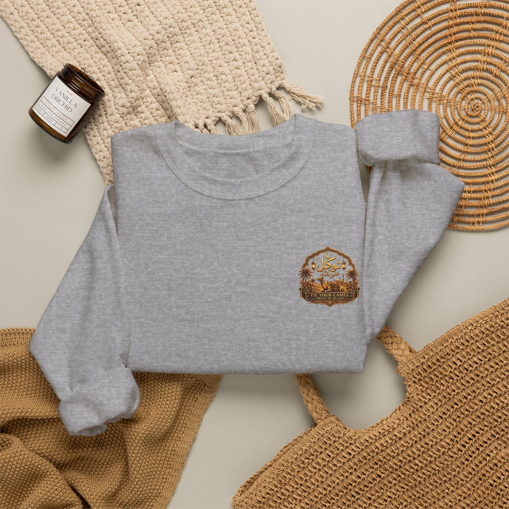 Crewneck Sweatshirt with Mountain Cabin Patch – Cozy Outdoorsy Travel Crew