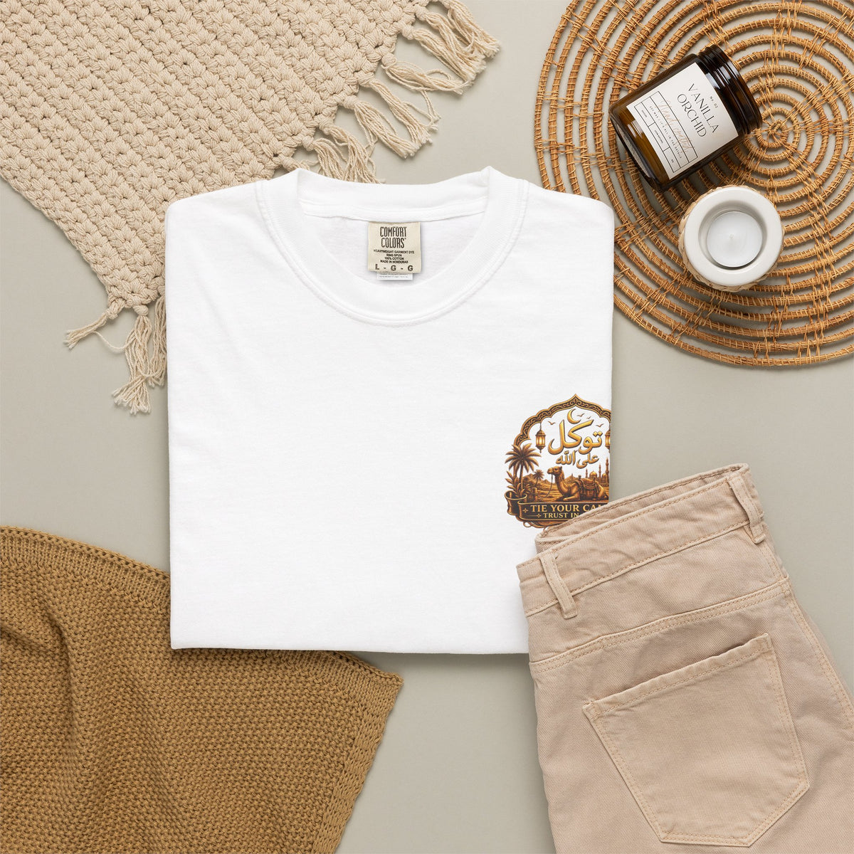 Qadr Desert Scene T-Shirt — Arabic Calligraphy & Camel Graphic