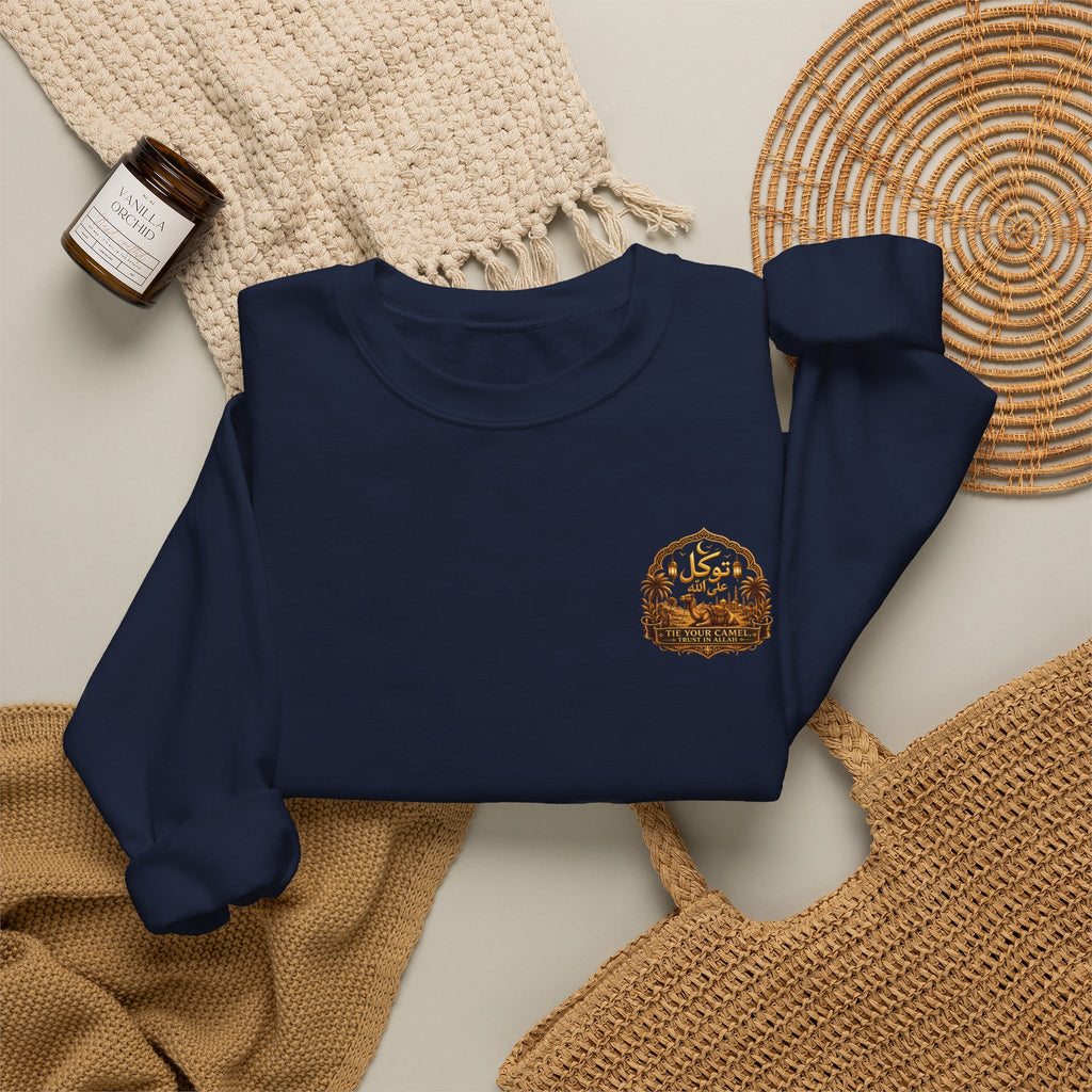 Crewneck Sweatshirt with Mountain Cabin Patch – Cozy Outdoorsy Travel Crew