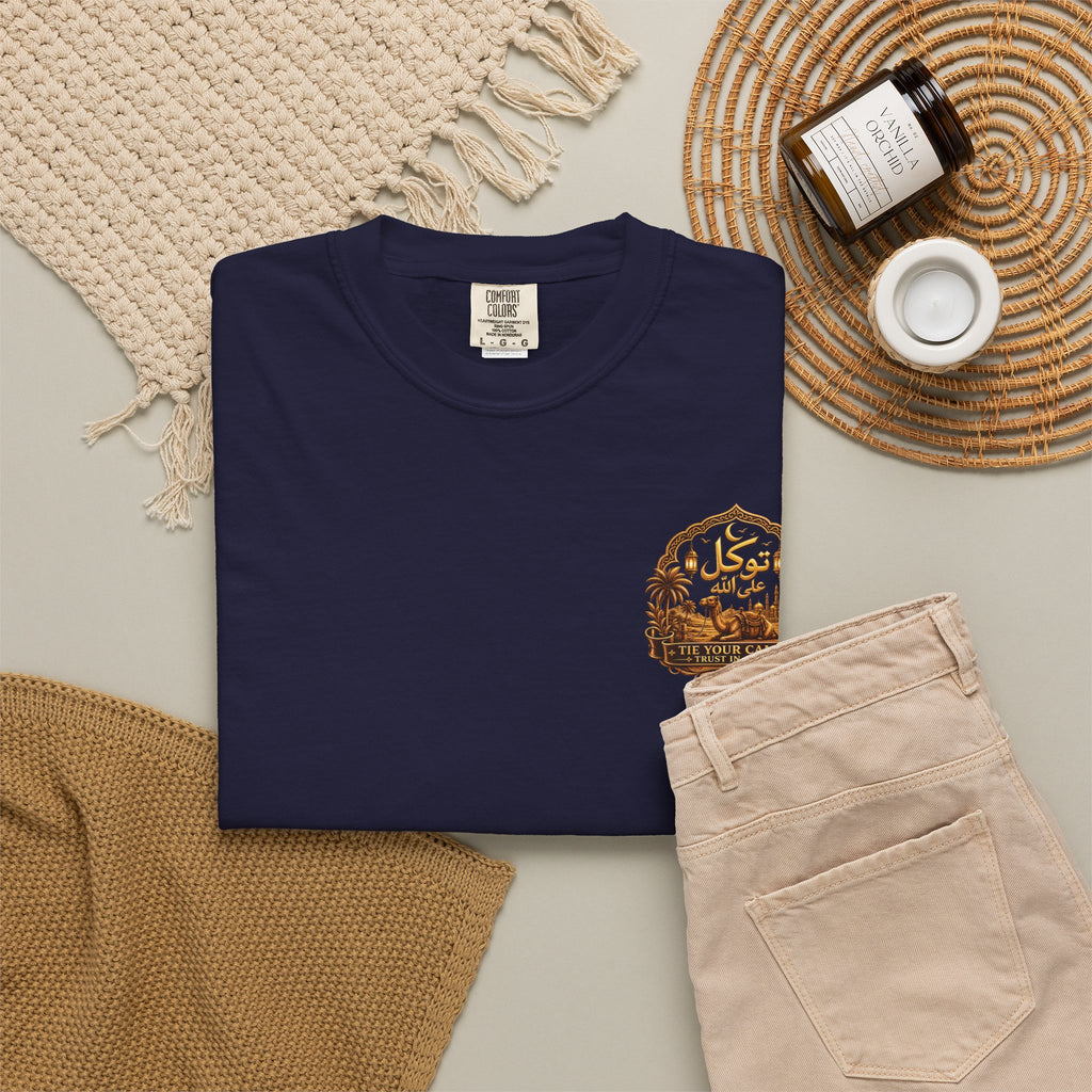 Qadr Desert Scene T-Shirt — Arabic Calligraphy & Camel Graphic
