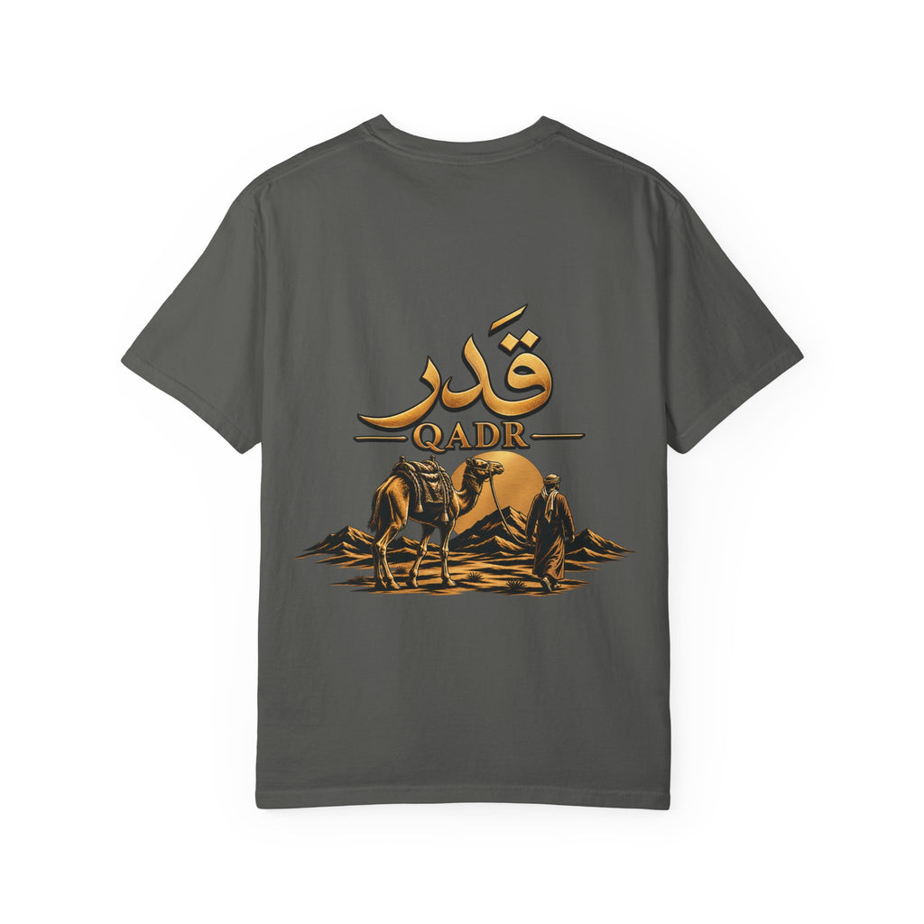 Qadr Desert Scene T-Shirt — Arabic Calligraphy & Camel Graphic
